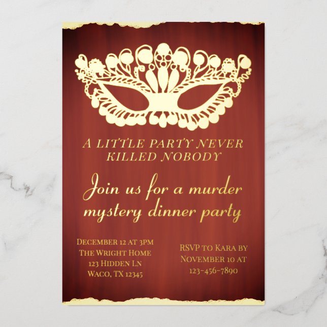 Invitación Con Relieve Metalizado Murder Mystery Dinner Fiesta Red (Anverso)