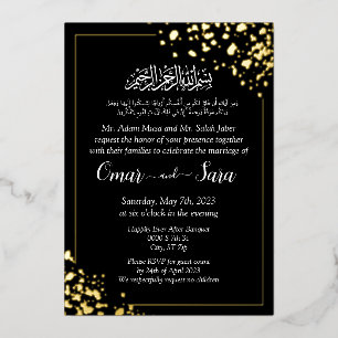 Invitación Con Relieve Metalizado Musulmán Islámico Moderno Boda Negro Y Oro