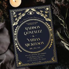 Invitación Con Relieve Metalizado Mystical Elegant Gold Navy Tarot Boda Gótico