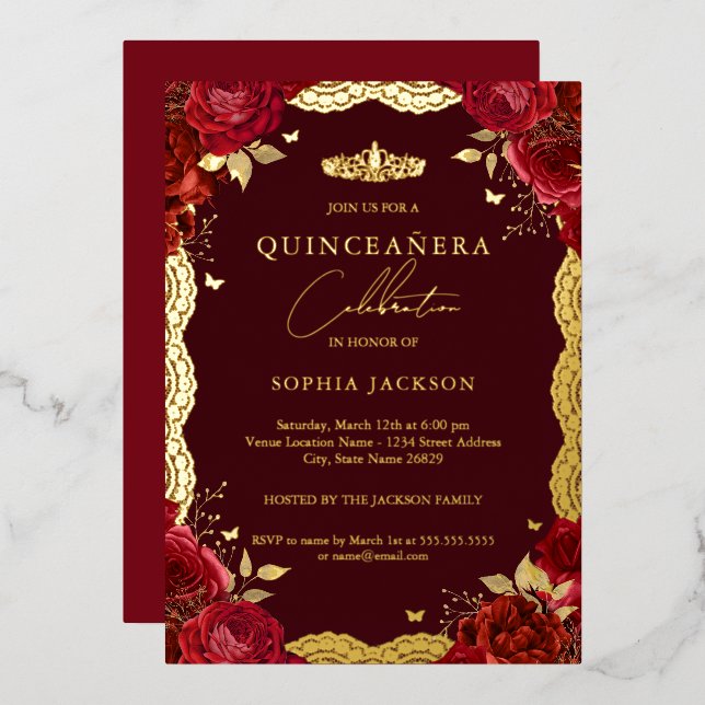 Invitación Con Relieve Metalizado Nacimiento de Lace de Oro de la Quinceanera Roja (Anverso/Reverso)