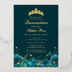 Invitación Con Relieve Metalizado Nacimiento Verde azulado Floral Azul Mariposa Quin
