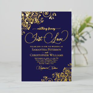 Invitación Con Relieve Metalizado Nada Elegante Solo Amor Boda Azul Marino y Dorado