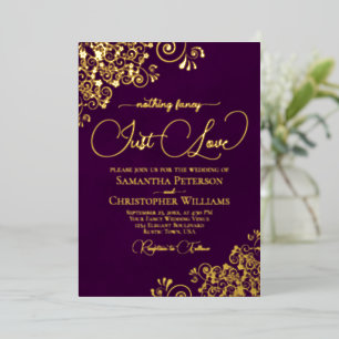 Invitación Con Relieve Metalizado Nada Elegante Solo Amor Boda Ciruela Púrpura & Oro