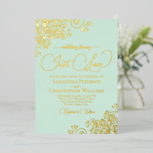 Invitación Con Relieve Metalizado Nada Elegante Solo Amor Boda Verde Menta y Oro