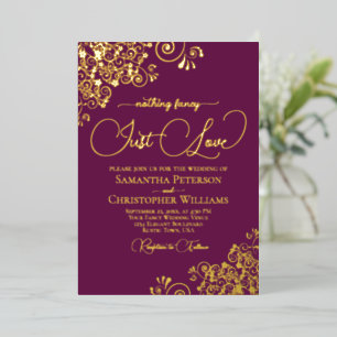 Invitación Con Relieve Metalizado Nada Elegante Solo Boda Magenta Ciruela Dorado