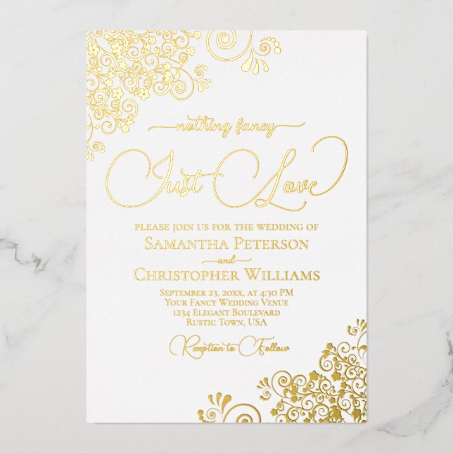 Invitación Con Relieve Metalizado Nada Fancy Ama El Oro Y El Boda Blanco (Anverso)