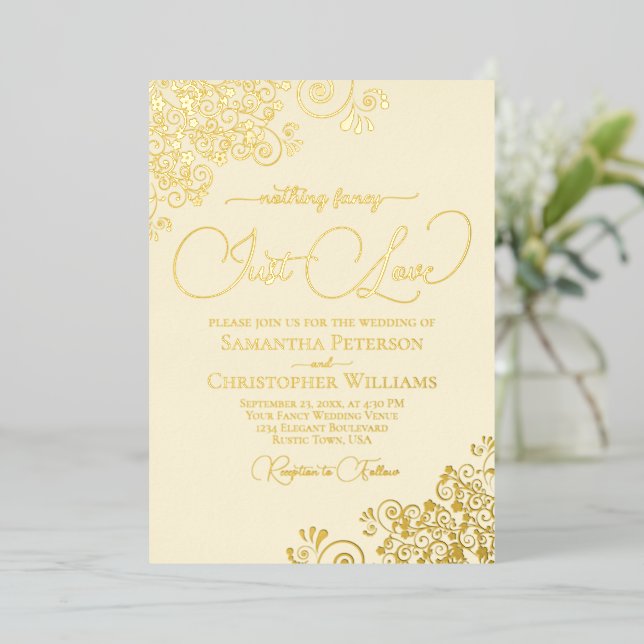 Invitación Con Relieve Metalizado Nada Fancy Solo Ama El Oro Y El Boda De Crema (Anverso de pie)