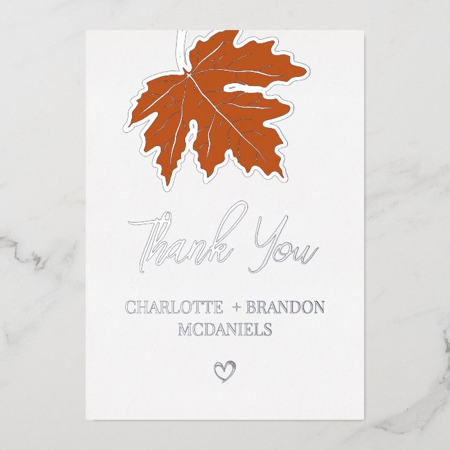 Invitación Con Relieve Metalizado Naranja Autumn Maple Leaf Boda Gracias Plata (Anverso)