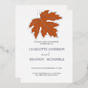 Invitación Con Relieve Metalizado Naranja Autumn Maple Leaf Boda Silver
