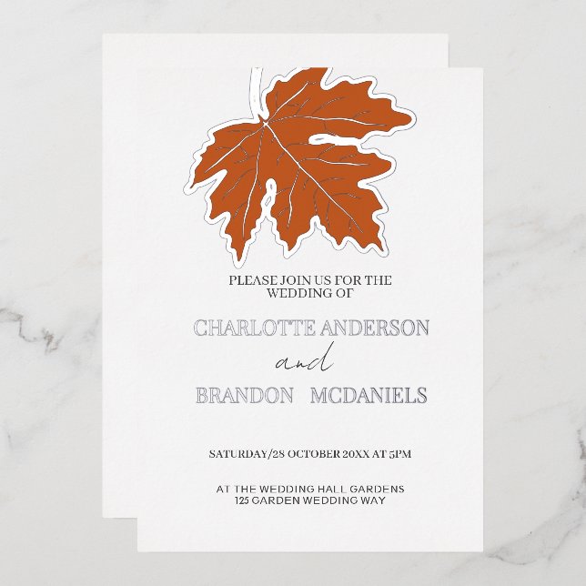 Invitación Con Relieve Metalizado Naranja Autumn Maple Leaf Boda Silver (Anverso/Reverso)