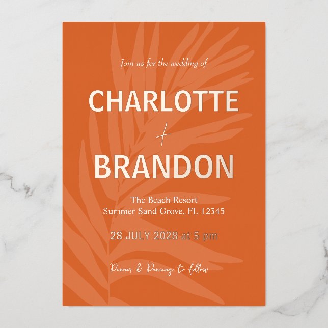 Invitación Con Relieve Metalizado Naranja Boda de hoja de palma tropical (Anverso)