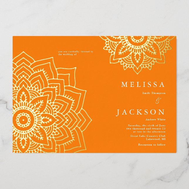 Invitación Con Relieve Metalizado Naranja Boda Delicate gold mandala (Anverso)