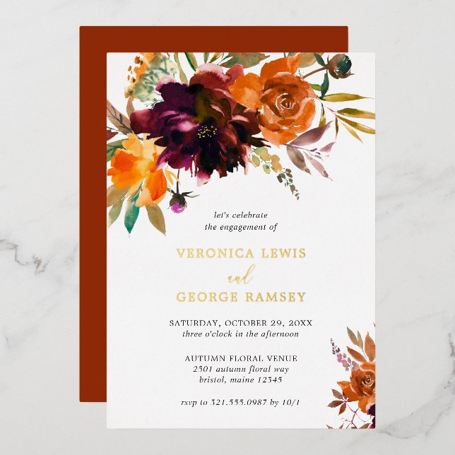 Invitación Con Relieve Metalizado Naranja Burgundy Fall Floral Engagement Party Gold (Anverso/Reverso)