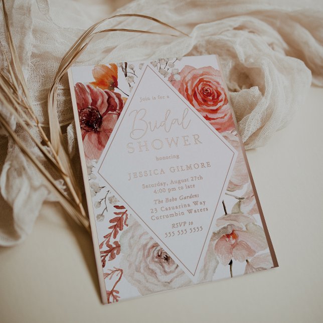 Invitación Con Relieve Metalizado Naranja Caída Floral & Rosa Ducha Nodal (Subido por el creador)