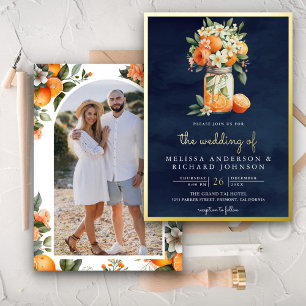 Invitación Con Relieve Metalizado Naranja Cítrica Azul Marino Tarro de Cristal Boda