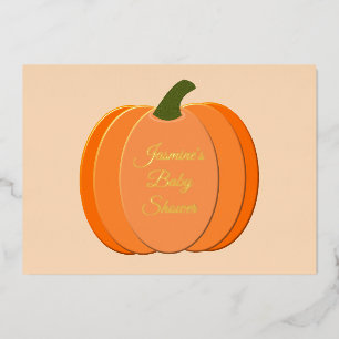 Invitación Con Relieve Metalizado Naranja Cuto Género Neutral Calabaza Baby Shower