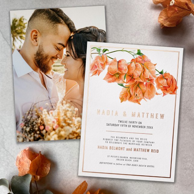 Invitación Con Relieve Metalizado Naranja de coral buganvillas boda acuarela (Subido por el creador)
