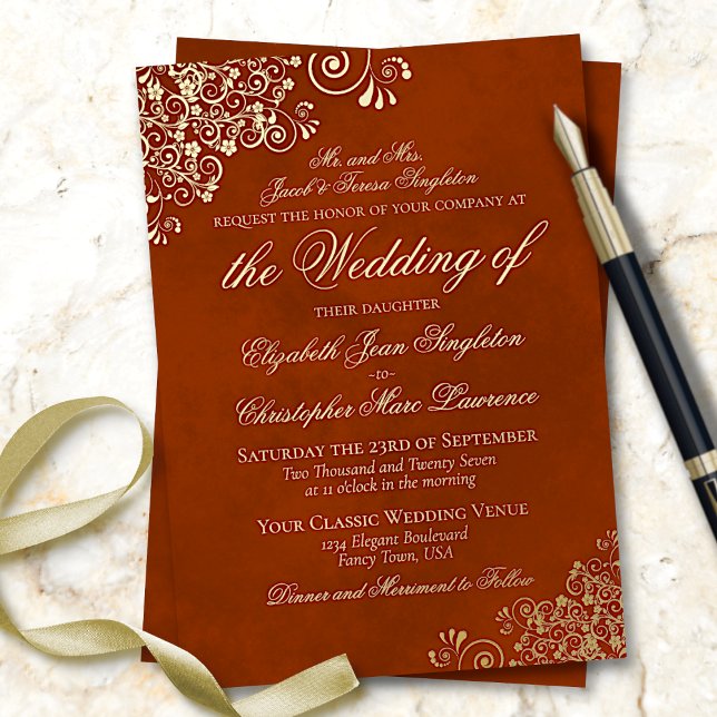Invitación Con Relieve Metalizado Naranja de óxido clásico Boda formal oro (Subido por el creador)