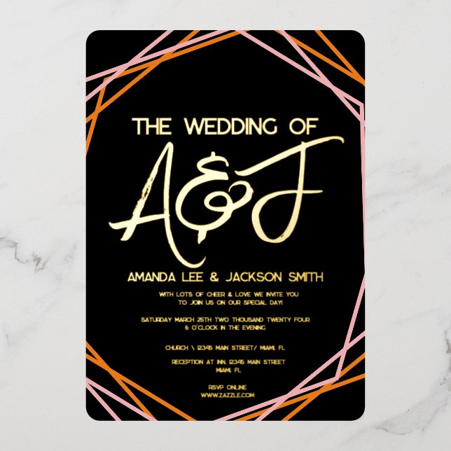 Invitación Con Relieve Metalizado Naranja de Sunrise Boda Brillante Rosa (Anverso)