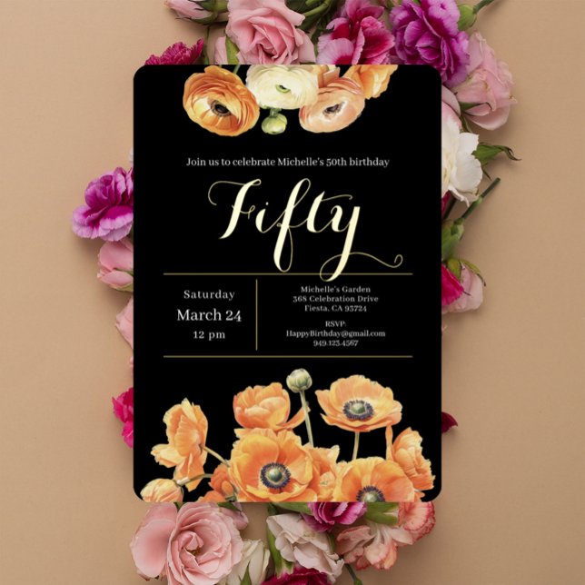 Invitación Con Relieve Metalizado Naranja Floral Elegante Black 50 cumpleaños (Subido por el creador)