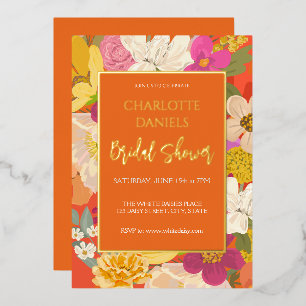 Invitación Con Relieve Metalizado Naranja Garden Floral Bridal Shower
