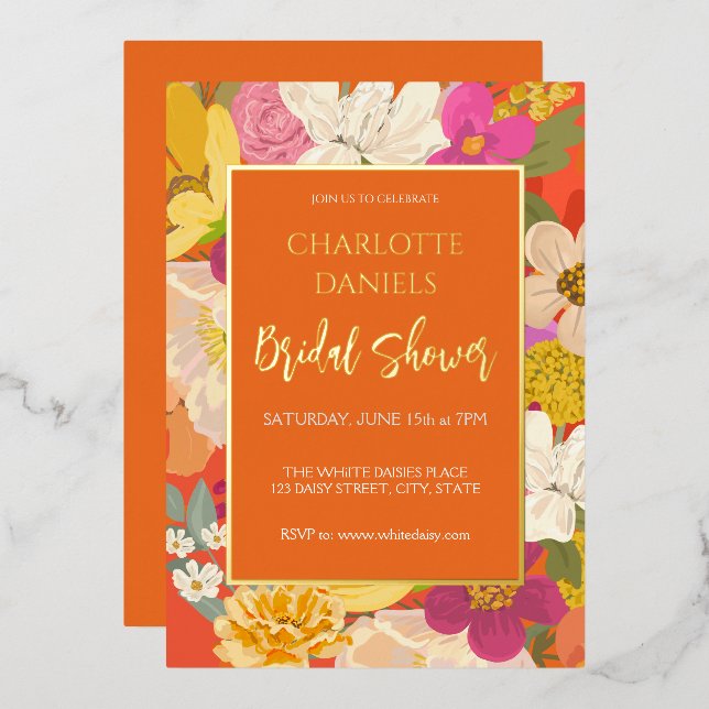 Invitación Con Relieve Metalizado Naranja Garden Floral Bridal Shower (Anverso/Reverso)