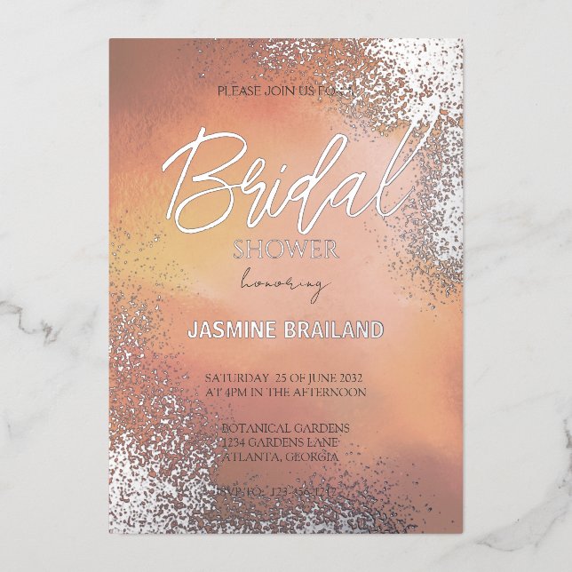 Invitación Con Relieve Metalizado Naranja hombre lavado cósmico ducha espuma (Anverso)