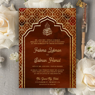 Invitación Con Relieve Metalizado Naranja oxidado arco marroquí boda musulmana dorad
