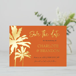 Invitación Con Relieve Metalizado Naranja Palm Trees Beach Wedding Salva La Fecha Or