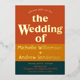 Invitación Con Relieve Metalizado Naranja Peacock Moderno Retro