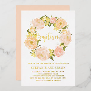 Invitación Con Relieve Metalizado Naranja Peony Flores arrasaron bautismo de bebé