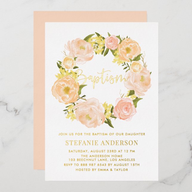 Invitación Con Relieve Metalizado Naranja Peony Flores arrasaron bautismo de bebé (Anverso/Reverso)