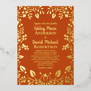 Invitación Con Relieve Metalizado Naranja Persimmon Boda Floral Relieve metalizado d