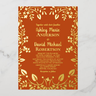 Invitación Con Relieve Metalizado Naranja Persimmon Boda Floral Relieve metalizado d