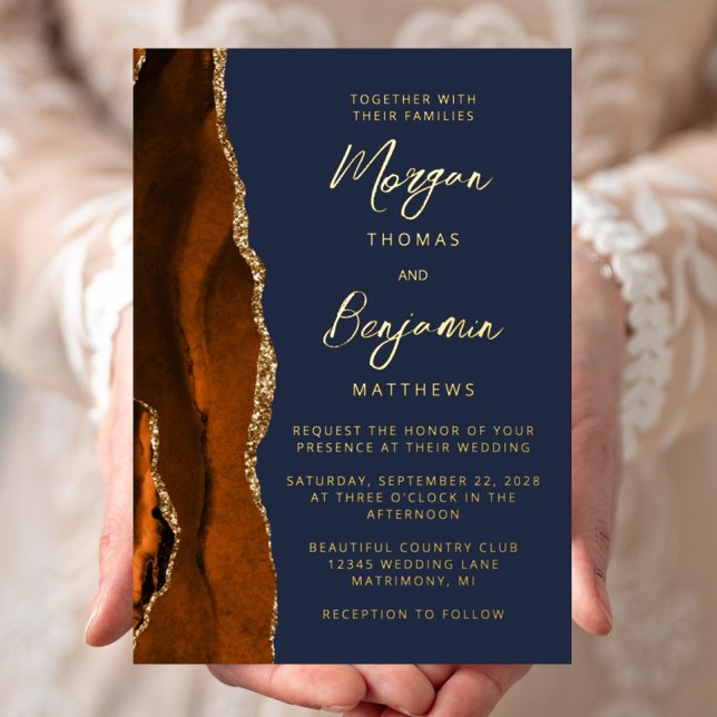 Invitación Con Relieve Metalizado Naranja quemado Agate Navy Blue Modern Script Boda (Subido por el creador)