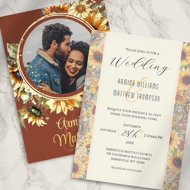 Invitación Con Relieve Metalizado Naranja Quemado de Girasol Personalizado Boda de f (Subido por el creador)