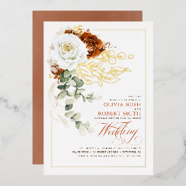 Invitación Con Relieve Metalizado Naranja Quemado de Terracota y Boda Floral Blanco