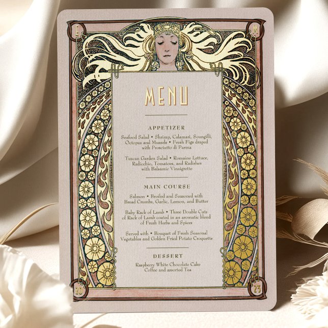 Invitación Con Relieve Metalizado Naranja quemado oro Art Nouveau carta carta Mucha (Subido por el creador)