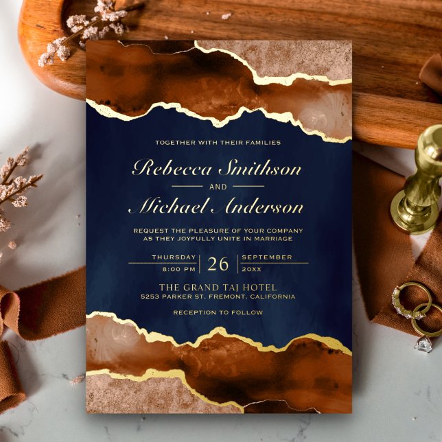 Invitación Con Relieve Metalizado Naranja quemado Terracotta Agate Boda Oro (Subido por el creador)