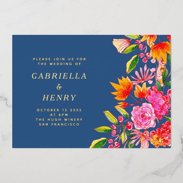 Invitación Con Relieve Metalizado Naranja rosa azul acuarela Boda floral oro (Anverso)