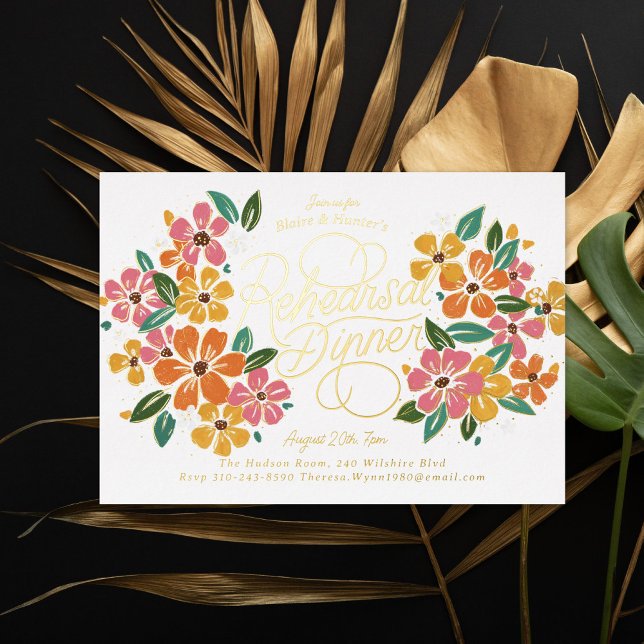 Invitación Con Relieve Metalizado Naranja Rosa Florals Cena de Ensayos Leídos A Mano (Subido por el creador)