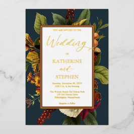 Invitación Con Relieve Metalizado Naranja ruso | Boda Verde azulado de Bouquet flora