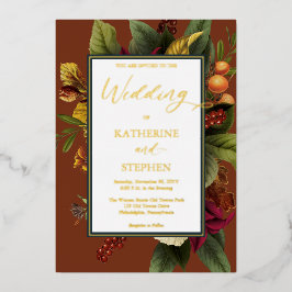 Invitación Con Relieve Metalizado Naranja ruso Floral Bouquet Boda Verde azulado