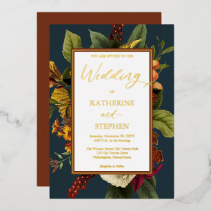 Invitación Con Relieve Metalizado Naranja Rústico Ramo Floral Rojo Boda Teal En