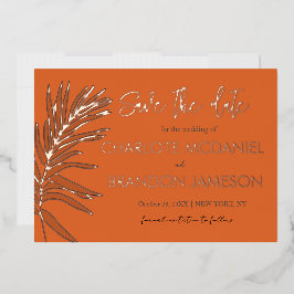 Invitación Con Relieve Metalizado Naranja Tropical Palm Leaf Wedding Save The Date