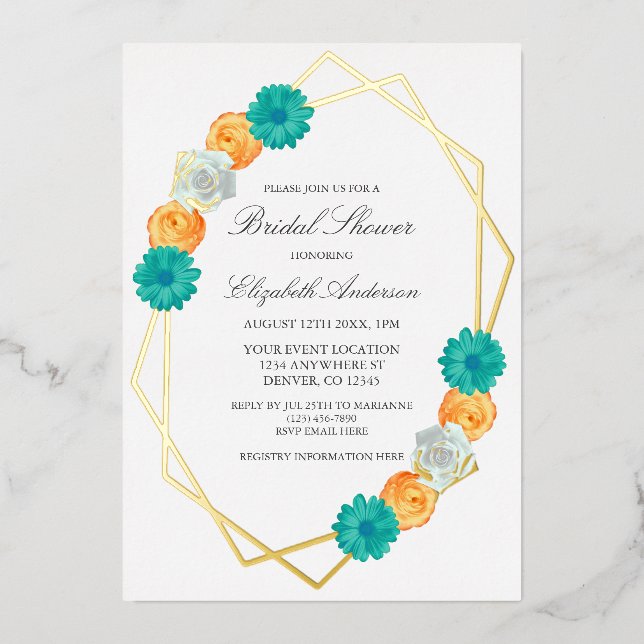 Invitación Con Relieve Metalizado Naranja Verde azulada Floral Geométrica Bridal Sho (Anverso)