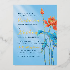 Invitación Con Relieve Metalizado Naranja y flores azules de Lotus dejan Boda
