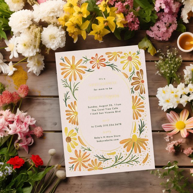 Invitación Con Relieve Metalizado Naranja y Yellow Daisies Baby Shower (Subido por el creador)