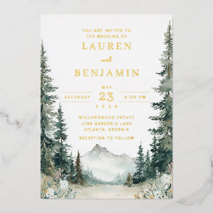 Invitación Con Relieve Metalizado Naturaleza Acuarela Verde Tranquila