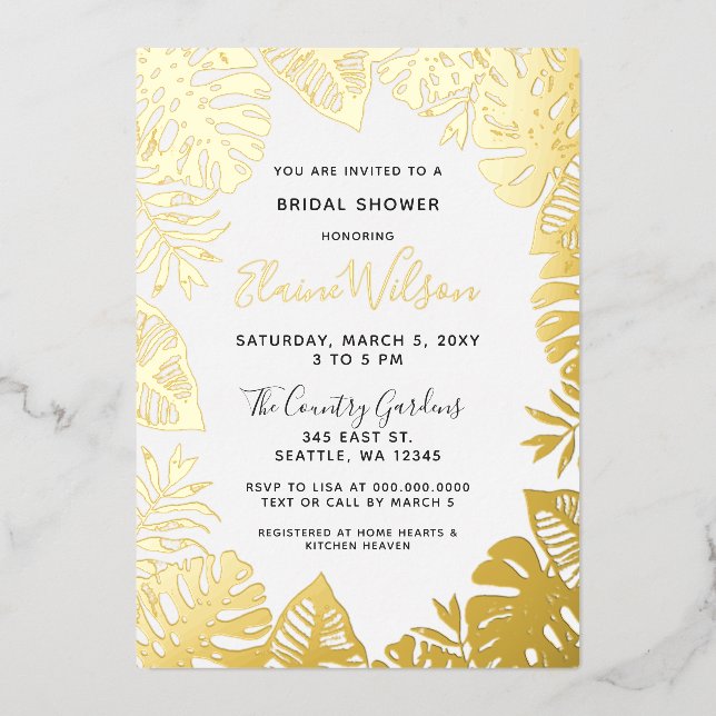 Invitación Con Relieve Metalizado Naturaleza botánica Sale Tropical Ducha Bridal (Anverso)